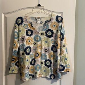 Talbots Floral 3/4 Sleeve Top - Blue, Yellow, Cream